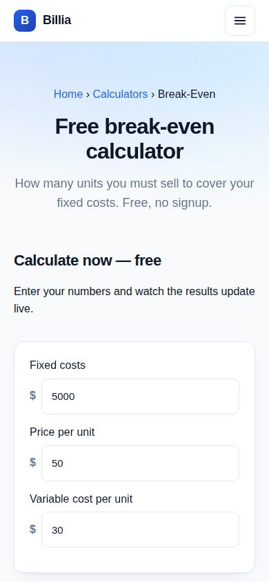 Break-even calculator interface