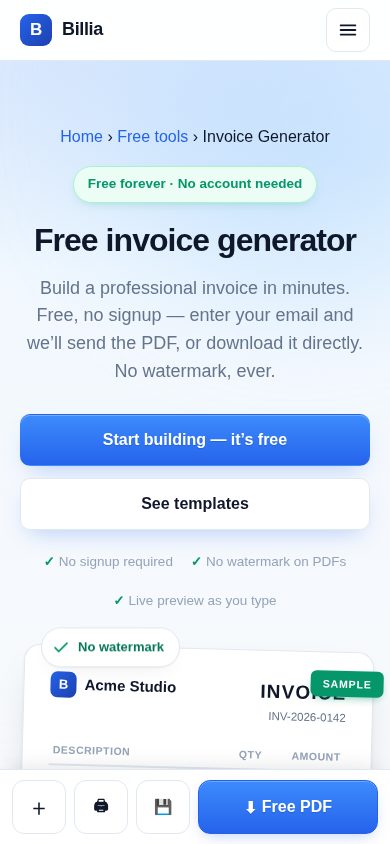 Billia invoice generator on a phone