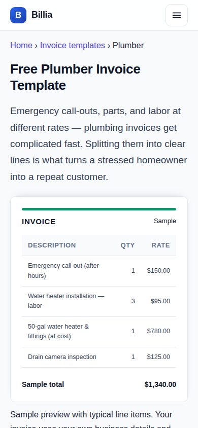 Billia plumber invoice template